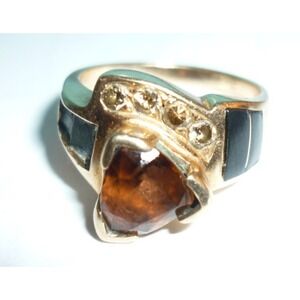 Thane Deleon Zuni 14K Gold Ring Yellow Diamond  Smoky Quartz Inlay Signed Sz 6.5